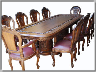 Custom Made Dining Table 10 Seat Hand Carved From Teak Wood - Leather Dining Chairs